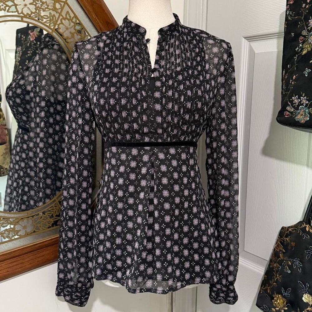 APT 9 Sheer Black & Purple Boho Floral Long Sleeve High Neck Button Up Top S